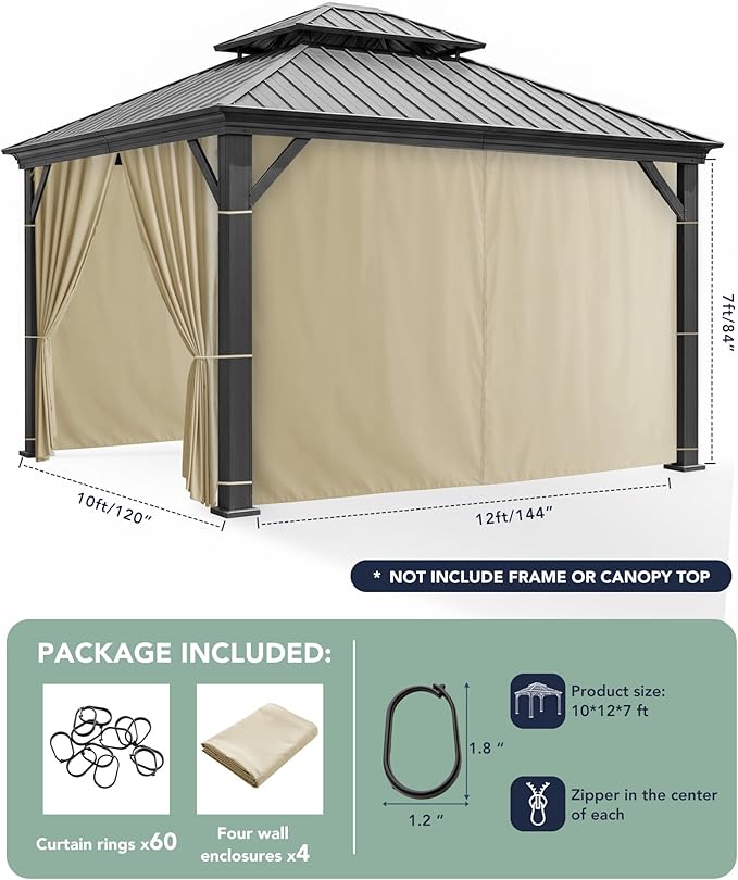 Patio Curtains Outdoor Waterproof - 10'Wx12'Lx7'H Weatherproof Pergola Outside Curtains, Gazebo Universal Replacement Privacy Curtains, 4 Panels Sidewall Drapes with Zipper, Cream