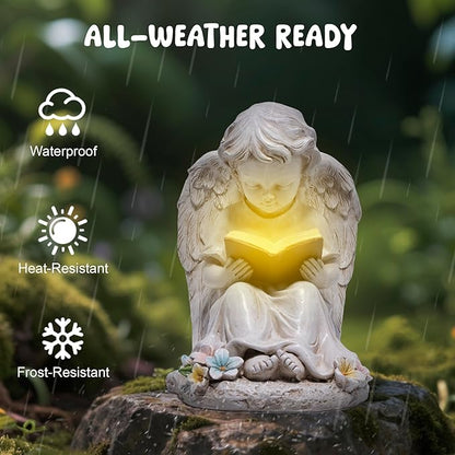 basen Solar Angel Garden Statue with LED Lighted Book, Resin Outdoor Guardian Angel Figurine, Waterproof Lawn Yard Patio Decor, Memorial Sympathy Sculpture for Porch Backyard Gift