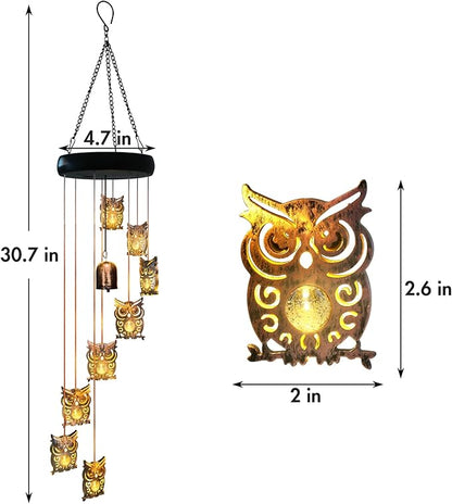 8 LED Solar Upgrade Owl Wind Chimes Outdoor,Mom Gifts for Mothers Day Grandma Wife Gift Solar Owl Wind Chimes for Outside,Hanging Lights Warm LED,Outdoor Owl Decor Christmas