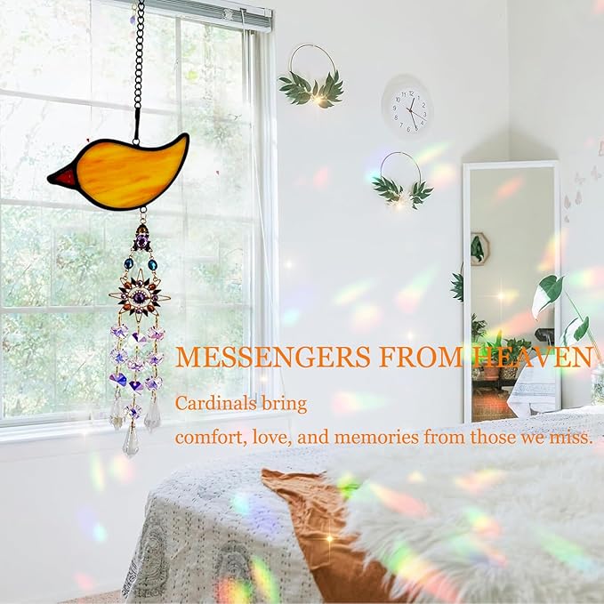 Handmade Cardinal Suncatcher with Sun Crystal Pendant, Stained Glass Window Hanging to Capture Rainbows, Meaningful Gift for Mom, Grandma, Garden Lovers-When Cardinals Appear