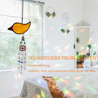 Handmade Cardinal Suncatcher with Sun Crystal Pendant, Stained Glass Window Hanging to Capture Rainbows, Meaningful Gift for Mom, Grandma, Garden Lovers-When Cardinals Appear