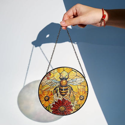 6" Bee Honeycombs Stained Glass Suncatchers Art Glass Insect Flowers for Sun Catcher Indoor Window Gifts for Pet Insects Animal Nature Floral Lovers Women Grandma Mom Friend Panel Décor BUG-08C-SG6
