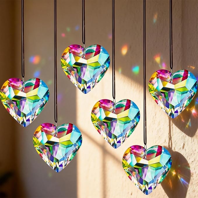 HDCRYSTALGIFTS 6pcs 50mm Crystal Heart Prism Suncatcher Window Sun Catchers Crystals Hanging Decorations Rainbow Maker Pendant Glass Ornaments for Valentine’s Day/Galentines Day