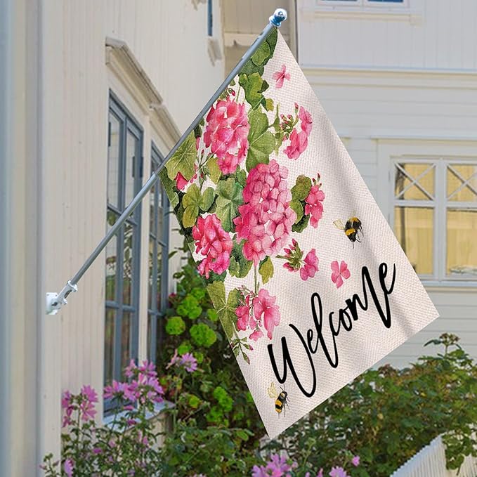 Welcome Spring Summer Geranium Decorative House Flag, Pink Floral Flowers Bees Garden Yard Outside Decorations, Seasonal Burlap Outdoor Large Home Decor Double Sided 28 x 40