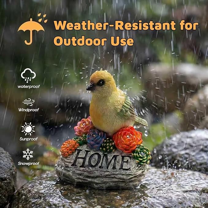 DECOUE Solar Garden Statue with Bird & “Home” Sign, Solar Bird Light Outdoor Decor with Warm LED Glow, Garden Decor for Outside Yard Patio Walkway, Decorative Garden Statue with Succulent Accents