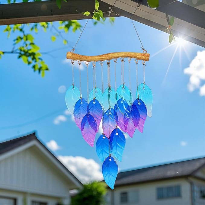 Glass Leaves Wind Chimes for Outdoor Memorial Decor - Unique Wind Chimes for Garden, Yard, Porch & Christmas, Durable Outside Christmas Decoration with Handcrafted Glass Design