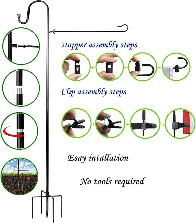 Garden Flag Stand and Shepherd Hook,36 Inch Garden Flag Pole Holder with one Tiger Clip and two Spring Stoppers for Bird-Feeder Lantern Plant-Hook Garden-Stake Seasonal Flags
