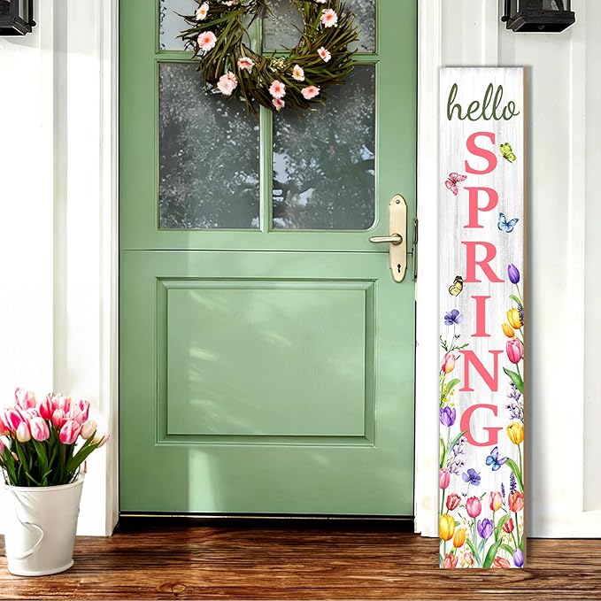 Hello Spring Porch Sign, Flower Butterfly Sign for Front Porch, Pink Tulip Wooden Sign Yard, Vertical Wood Sign Standing for Patio Front Door Porch, Farmhouse Holiday Home Party Entryway Yard Wall Decor Indoor Outdoor, 47x8 inch