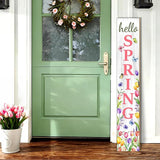 Hello Spring Porch Sign, Flower Butterfly Sign for Front Porch, Pink Tulip Wooden Sign Yard, Vertical Wood Sign Standing for Patio Front Door Porch, Farmhouse Holiday Home Party Entryway Yard Wall Decor Indoor Outdoor, 47x8 inch