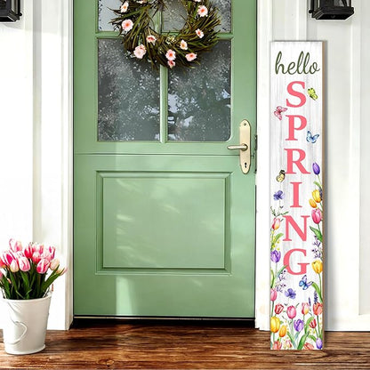 Hello Spring Porch Sign, Flower Butterfly Sign for Front Porch, Pink Tulip Wooden Sign Yard, Vertical Wood Sign Standing for Patio Front Door Porch, Farmhouse Holiday Home Party Entryway Yard Wall Decor Indoor Outdoor, 47x8 inch