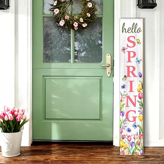 Hello Spring Porch Sign, Flower Butterfly Sign for Front Porch, Pink Tulip Wooden Sign Yard, Vertical Wood Sign Standing for Patio Front Door Porch, Farmhouse Holiday Home Party Entryway Yard Wall Decor Indoor Outdoor, 47x8 inch