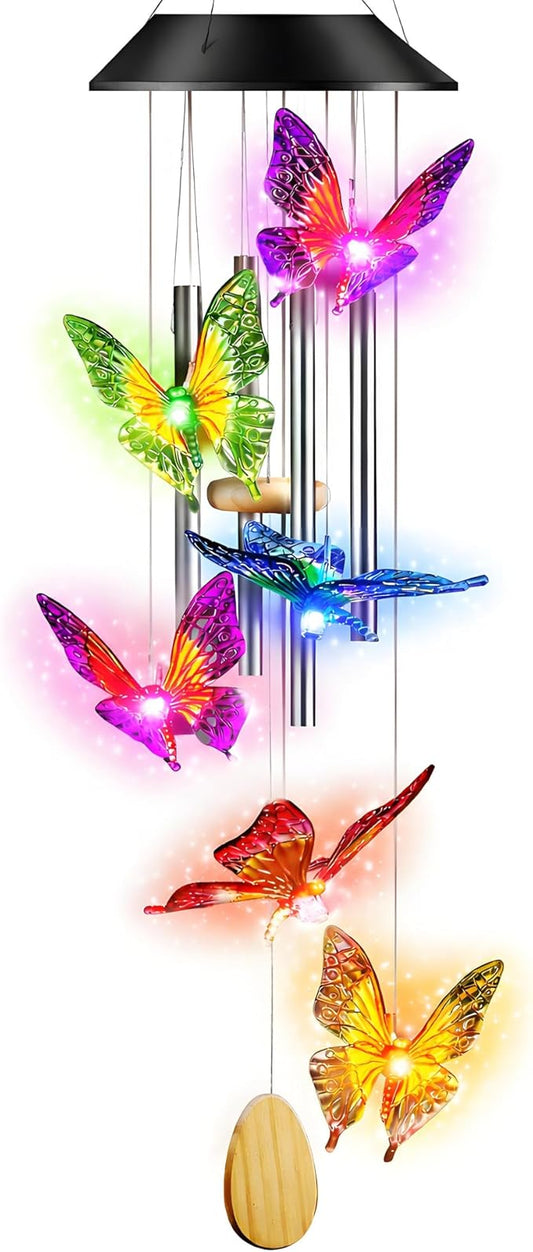36” Butterfly Aluminum Tube Solar Light LED Wind Chime for Outside, Weather Resistant Decoration Outdoor Garden Patio Soft Tone Decor, Gift for Birthday, Mother's Day, Relaxation