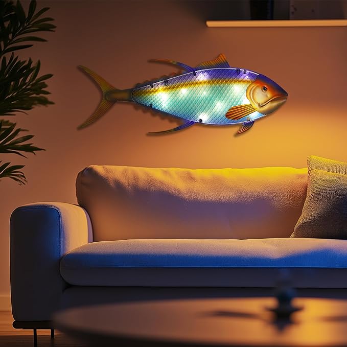 LIFFY Metal Fish Wall Decor,36" Large Tuna Wall Art with Led Lights,Indoor Outdoor Mounted Nautical Hanging Decorations for Home Garden Patio,Gift for Coastal Decor & Ocean Lover