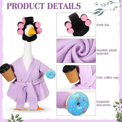 Shyyween Spring Lady Porch Goose Outfit for 23'' Cement Plastic Lawn Goose Summer Statue Clothes Bathrobe Coffee Cup Curlers for Outdoor Garden Yard Patio Decoration(Light Purple)