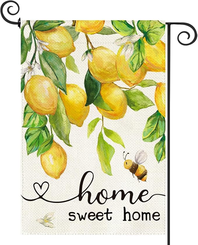 Baccessor Spring Garden Flag Lemon Bee Floral Home Sweet Home Small Yard Flag 12.5 X 18 Inch Double Sided Burlap Summer Welcome Flag for Outside Outdoor Decor