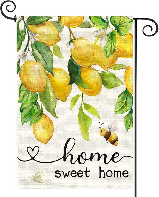 Baccessor Spring Garden Flag Lemon Bee Floral Home Sweet Home Small Yard Flag 12.5 X 18 Inch Double Sided Burlap Summer Welcome Flag for Outside Outdoor Decor