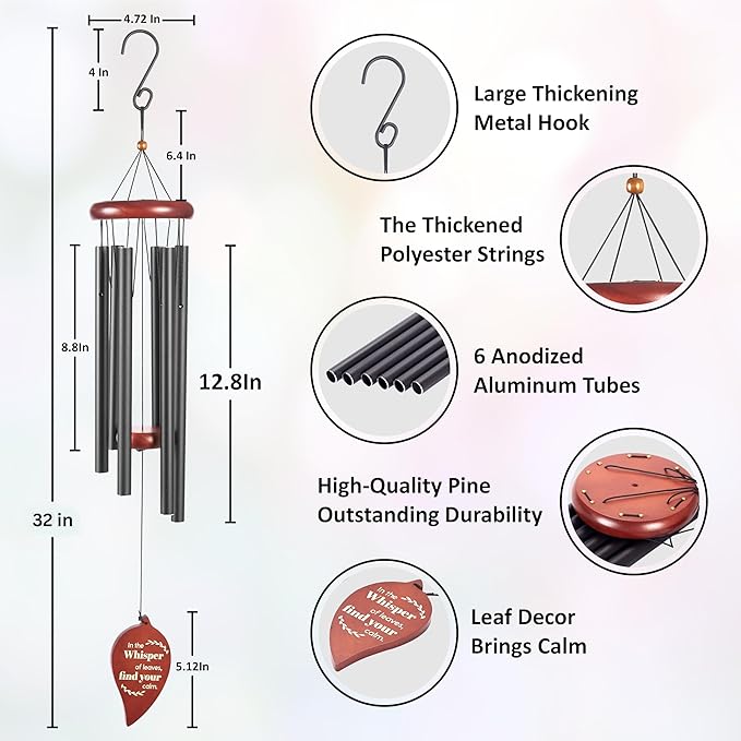 Wind Chimes for Outside – Memorial Wind Chimes 32" for Loss of Loved One with Leaf Spinner, Bereavement & Sympathy Gift, Soothing Tones, Bronze Finish