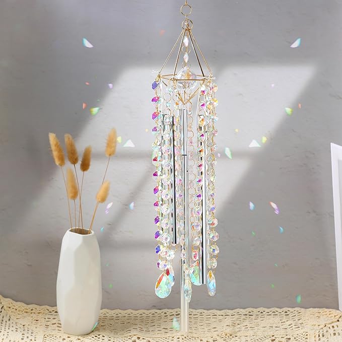 Crystal Wind Chimes - Glass Wind Chimes for Outside, Outdoor Crystal Suncatcher with Tuned Tubes, Reflective Windchimes Outdoors Unique, Hanging Prism Rainbow Maker Chandelier Home Decor Gift