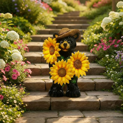 Bear Statue with Sunflowers LED Light 7.2" Solar Lamp Outdoor Garden Patio Yard Porch Lawn Decor Waterproof Resin Black Bear Figurine Unique Garden Gifts for Women Mom Grandma Sister