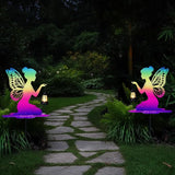 Rainbow Solar Fairy Garden Stake - 21" Iridescent Metal Fairy Silhouette with Warm LED Lantern, Waterproof Outdoor Decorative Light for Path, Yard, Flower Pot - Unique Gardening Gifts for Women/Mom