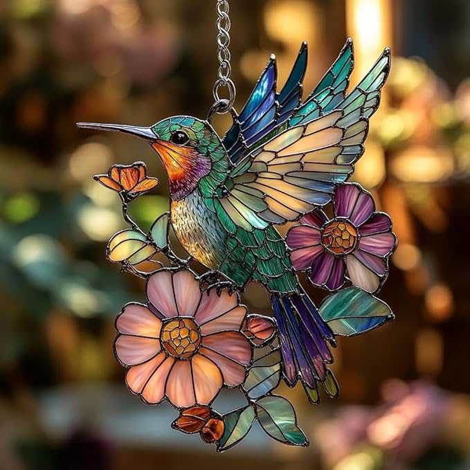 Colorful Hummingbird Flower Handmade Resin Suncatchers, Artisan Sun Catcher Stained Glass Effect Hummingbird Ornaments Window Hanging Garden Decor, Gifts for Mother's Day, Mom, Grandma, Wife, Women