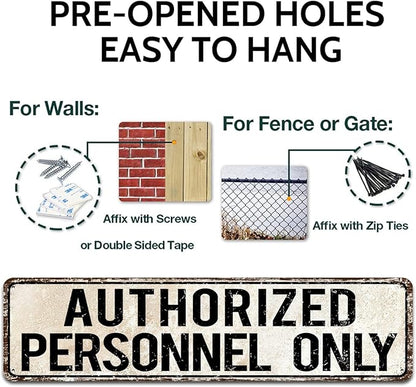 Standard Authorized Personnel Only Door/Wall Sign, Sign for Door, Ensures Public Do Not Enter Restricted Areas - Private Access/Authorized Personnel Only, 4x16 Inch Tin Sign