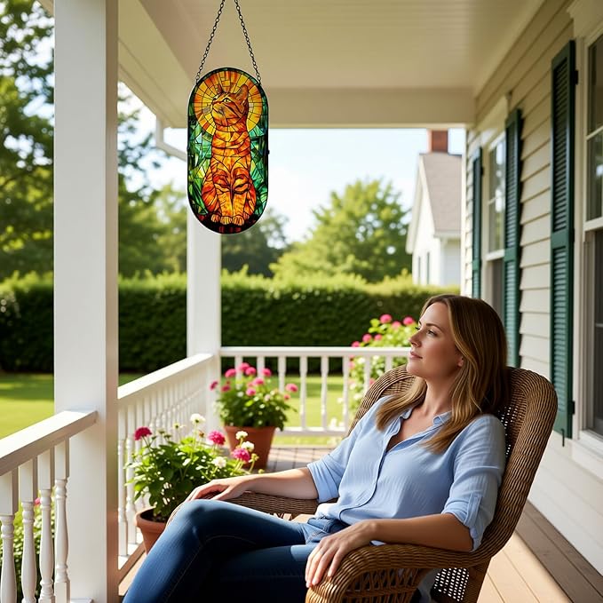 Stained Glass Window Hanging - Oval Orange Cat Sun Catcher, Suncatchers Ornaments Decor for Indoor Cling Garden, Birthday Gifts for Women Men Mom Wife Home Art Decor 7.8in