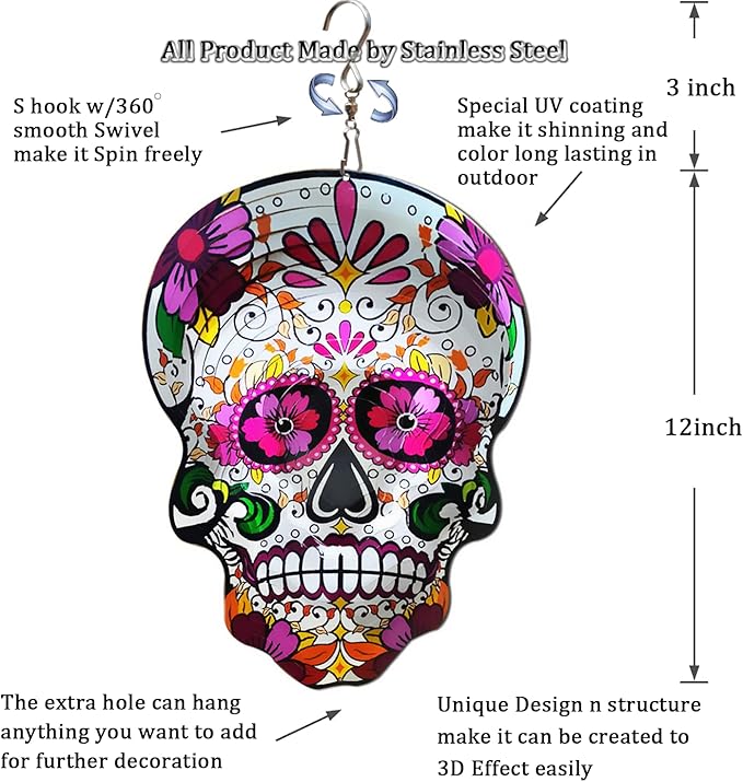 Fonmy Kinetic 3D Metal Garden Wind Spinner Quality Hanging Ornament for Home and Garden 12inch Mandala Daisy Sugar Skull Wind Spinners