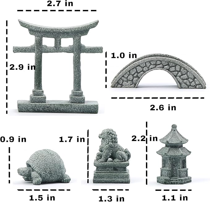 6 PCS Mini Zen Garden Accessories, Miniature Garden Bridge Foo Dogs Torii Gate Sandstone Figurines Meditation Zen Decor Japanese Fish Tank Terrarium Bonsai Decorations (Art Deco)
