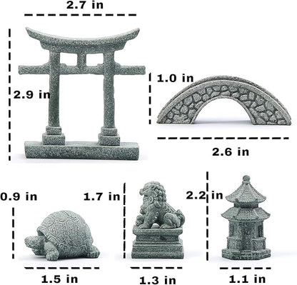 6 PCS Mini Zen Garden Accessories, Miniature Garden Bridge Foo Dogs Torii Gate Sandstone Figurines Meditation Zen Decor Japanese Fish Tank Terrarium Bonsai Decorations (Art Deco)