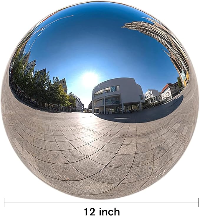 Nerien 12 Inch Gazing Ball, Stainless Steel Garden Mirror Globe, Polished Ornament Sphere, Hollow Floating Reflective Hemisphere, Home Outdoor Pond Housewarming Swimming Pool Decoration Gifts, Silver