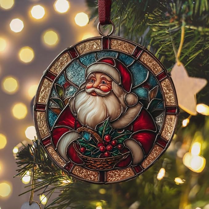 Santa Giving Presents Acrylic Suncatcher Stained Glass Effect Window Car Hanging Christmas Ornament Indoor Outdoor Decor Garden Sun Catcher Panel for Women Mom Grandma