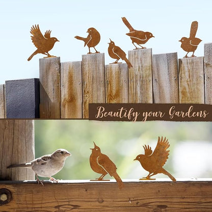 OULYDEKO 5PCS Rusty Birds Decoration,Outdoor Bird Wall Decor,Metal Birds Yard Decor, Metal Birds Craft Statue Ornaments - Garden Sculptures and Yard Art, Fence Decorations Outdoor,Rustic Garden Decor