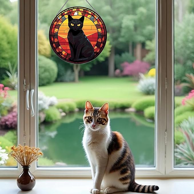 Black Cat Stained Glass Window Hanging,7.87’’ Stained Glass Suncatcher for Window for Cat Lovers,Hanging Ornaments Round Women Gifts for Family Friends, Housewarming Gift (B Style)