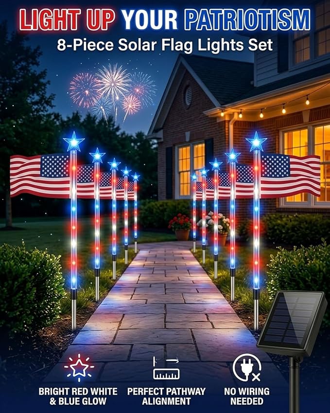 8 Piece Solar American Flag Pathway Lights, 8 Modes Waterproof Patriotic Stake Lights Outdoor for 250th Anniversary, Red White Blue LED Decorative Lighting for 4th of July Garden Yard Decor(16PCS)