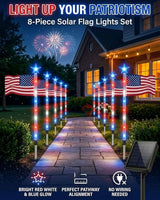 8 Piece Solar American Flag Pathway Lights, 8 Modes Waterproof Patriotic Stake Lights Outdoor for 250th Anniversary, Red White Blue LED Decorative Lighting for 4th of July Garden Yard Decor(8PCS)