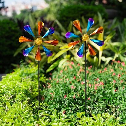 DREAMYSOUL 2 Pack Wind Spinners Outdoor, 10" Dia Metal Pinwheels for Yard and Garden, Kinetic Wind Sculptures & Spinner Outside (Colorful)