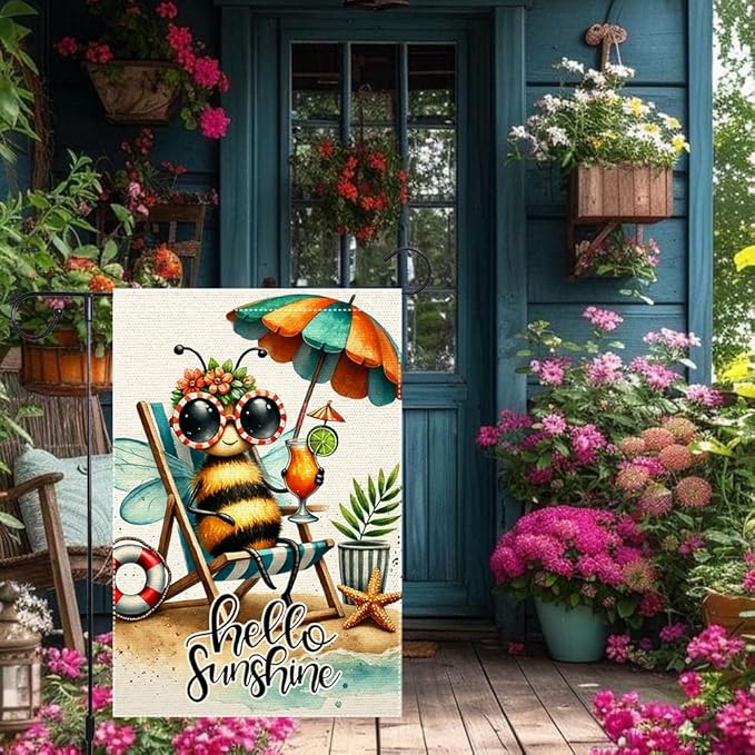 Welcome Summer Tropical Garden Flag Bee Swim Rings Beach Wooden Chair Sun Umbrella Garden Flags 12x18 Inch Double Sided Small Burlap Outside Decorations