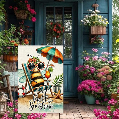 Welcome Summer Tropical Garden Flag Bee Swim Rings Beach Wooden Chair Sun Umbrella Garden Flags 12x18 Inch Double Sided Small Burlap Outside Decorations