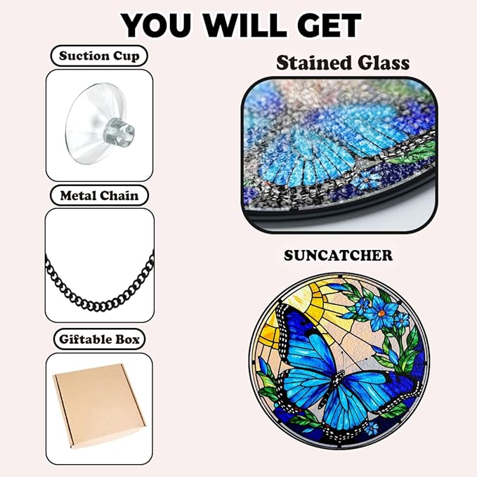 2 Stained Glass 7.8" Butterfly Stained Glass Suncatcher, Butterfly Sunflowers Stained Glass Suncatcher Art, Art Decor for Home Garden Housewarming, Gift for Pet Animal Nature Floral Lovers