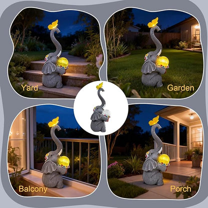 BeePeep Solar Elephant Garden Statues Decor Waterproof Figurine Resin Sculpture Gift for Mom Grandma, Outdoor Decorations for Porch Lawn Yard Home House Gardening Birthday Housewarming (Elephant)