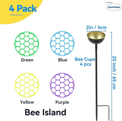 4 Pack Bee Waterer and Butterfly Water Stations for Garden with Bees Island, Bee Water Catcher for Thirsty Pollinators, Colorful Metal Garden Sculpture Stakes Decor