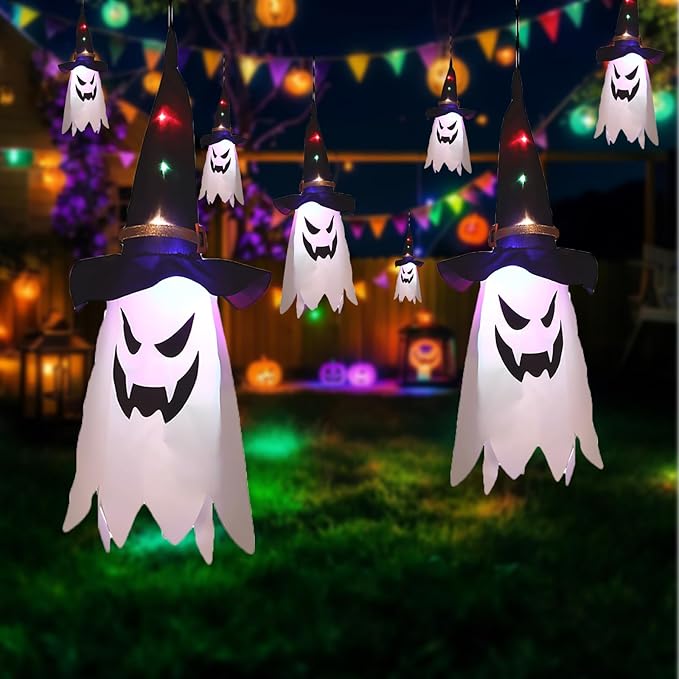 Glowing Ghost Witch Hat Halloween Decorations, Hanging String Lights with 3Modes, Easter Outdoor/Indoor Scary Decor, Double-Sided Ghost Face Ornaments for Tree, Yard, Haunted Trails, Party, 2 Pcs