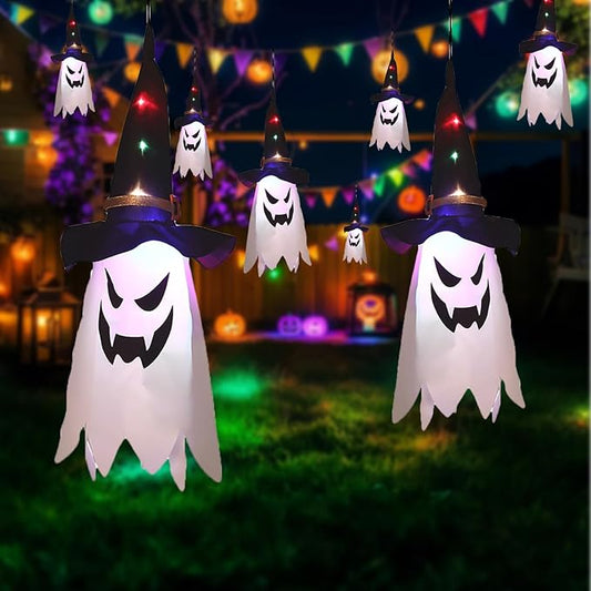 Glowing Ghost Witch Hat Halloween Decorations, Hanging String Lights with 3Modes, Easter Outdoor/Indoor Scary Decor, Double-Sided Ghost Face Ornaments for Tree, Yard, Haunted Trails, Party, 2 Pcs