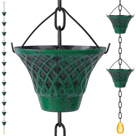 Retro Green Cup Rain Chain, 103.9" Metal Rain Catcher Chain for Gutters, Decorative Outdoor Rain Chain with Distressed Finish, Garden Downspout Diverter Replacement Ornament