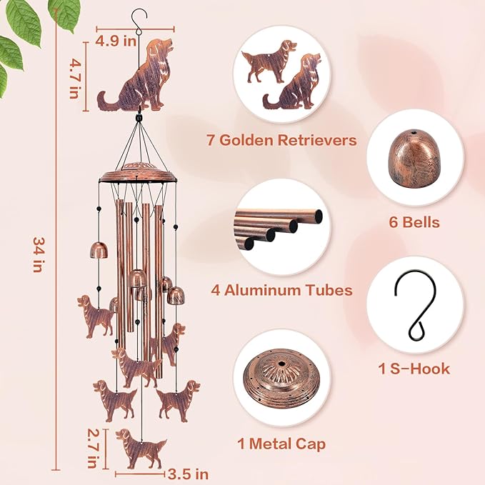 for Mom Golden Retriever Dog Wind Chimes for Outside,Dog Gifts for Women Men/Memorial Gift/Birthday Gifts Metal windchimes Outdoors/Indoors,Garden Decor,Patio,Porch,Yard Decorations