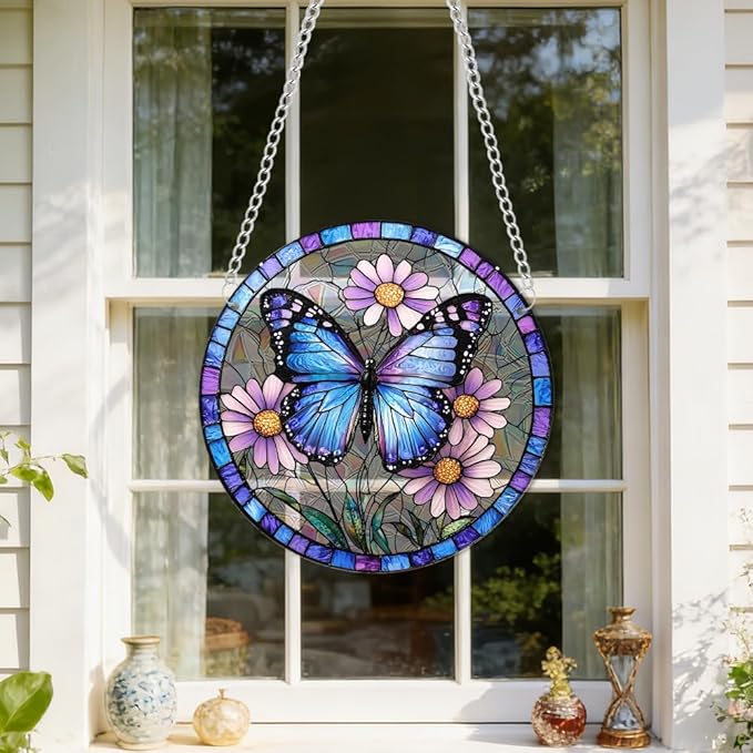 8 Inchacrylic Window Hanging, Forget Me Not Flower Stained Glass Suncatcher, Window Decor, Plant Lover Gift for Women, Best Friend, Family, Colleague, Classmate (232)