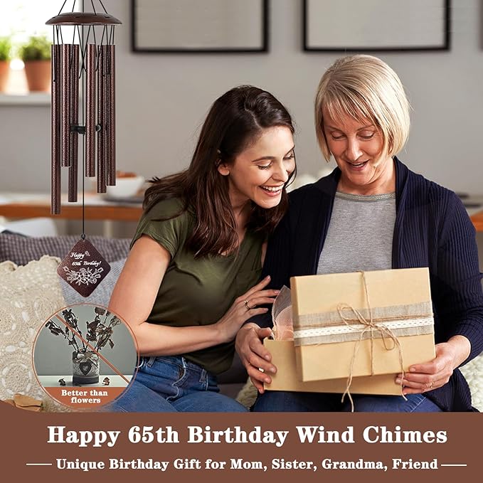 65th Birthday Gifts for Women, 65 Year Old Birthday Gifts for Mom Grandma Wife Friends Coworkers, 32” Bronze Wind Chimes