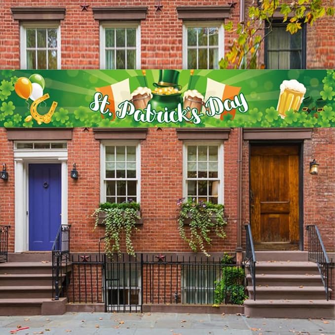St Patricks Day Banner 120 * 20 inch St Happy St Patricks Day Decorations Backdrop Yard Signs Irish Holiday Decor Party Supplies for Outdoor Fences and Holiday Displays Outdoor Yard Patio Banner