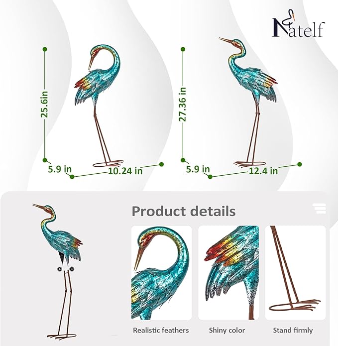 Natelf Crane Statues for Garden Decor, Blue Heron Sculptures, Metal Large Birds Lawn Sculptures & Statue for Patio Pond, Yard Decorations, Set of 2